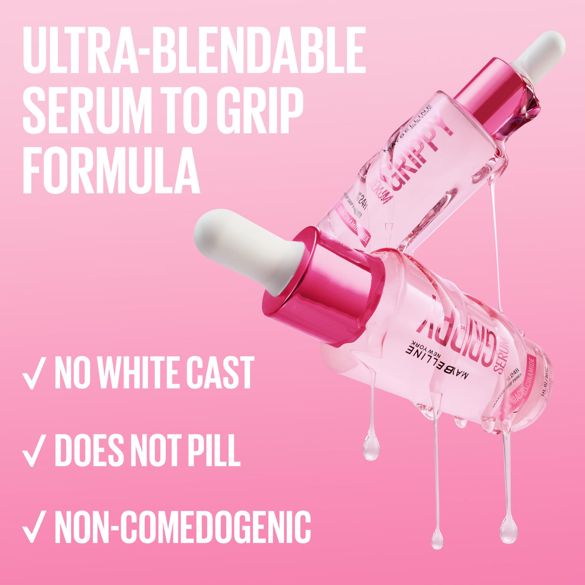 Maybelline Grippy Serum label close-up highlighting 2% niacinamide benefit