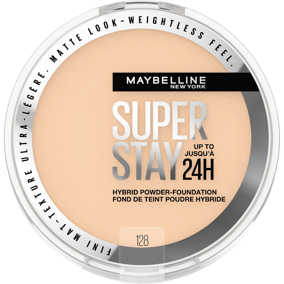 Maybelline compact front view showing shade 128 and convenient travel-ready design