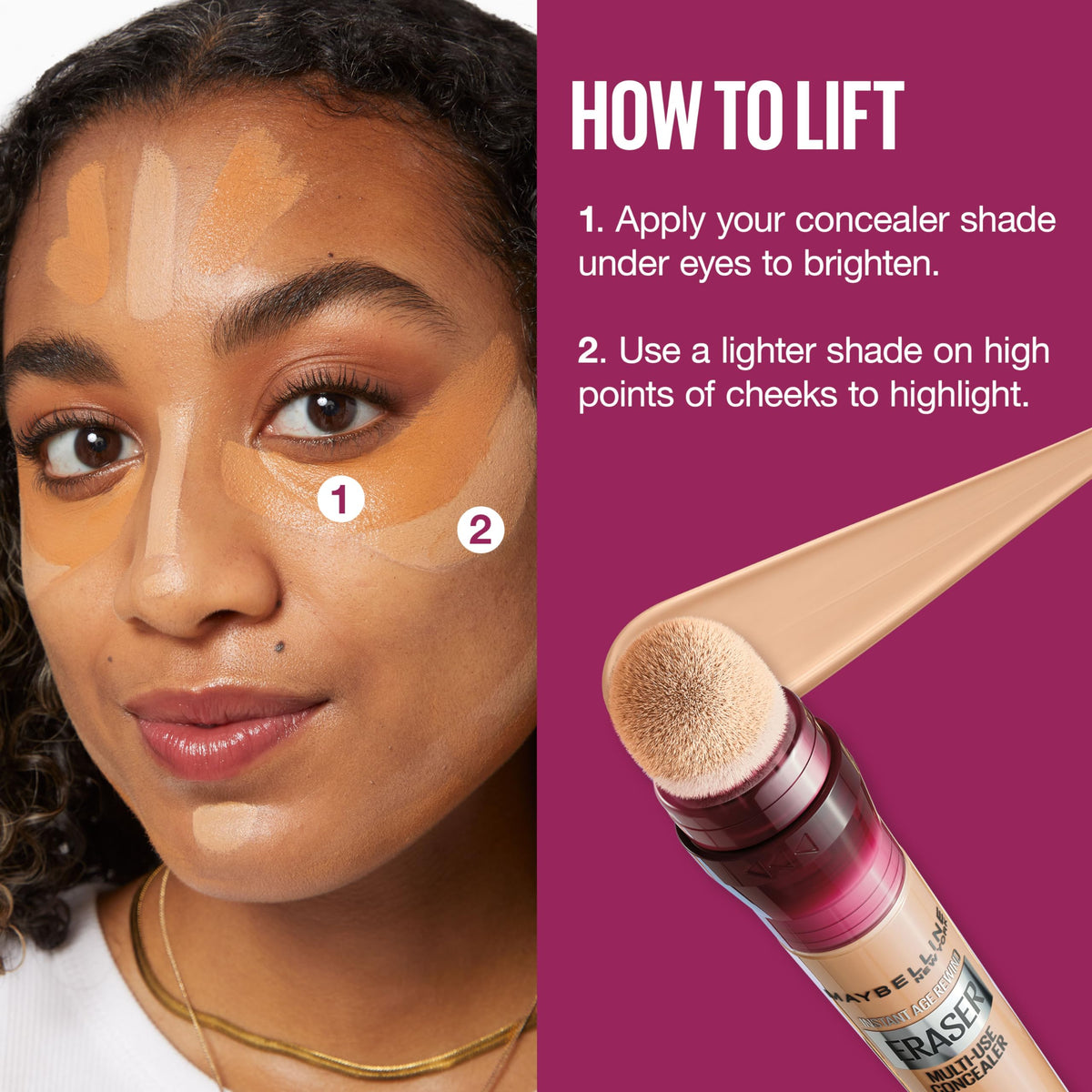 Maybelline before and after under-eye showing reduced shadows and refreshed appearance