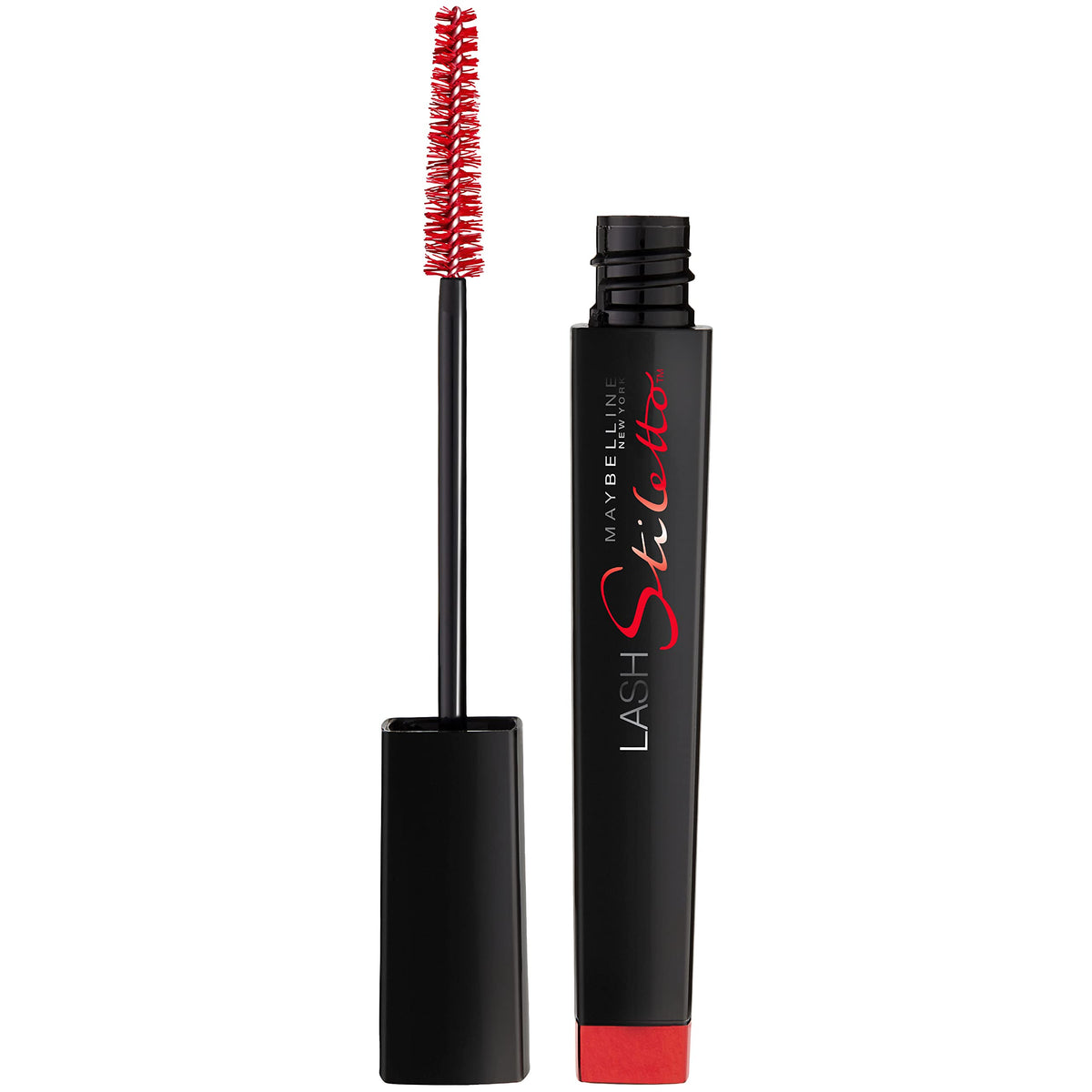 Maybelline Lash Stiletto front view showing sleek tube and Very Black benefit