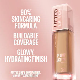 Maybelline Lifter before and after on face demonstrating brighter, plumper-looking skin