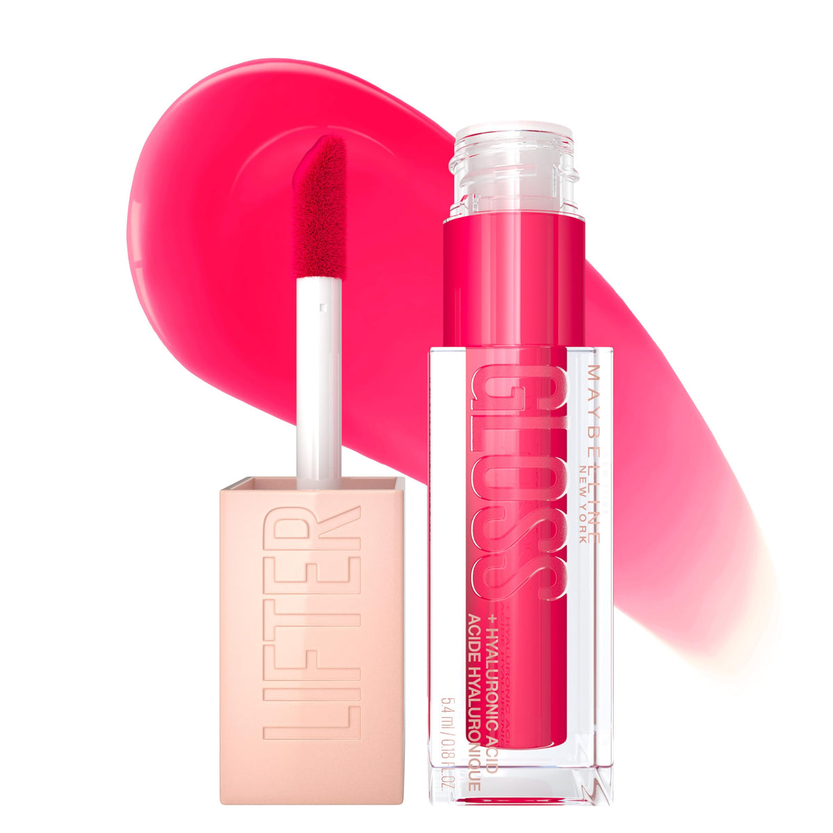 Maybelline Lifter Gloss front packaging showing Bubblegum shade and glossy finish benefit