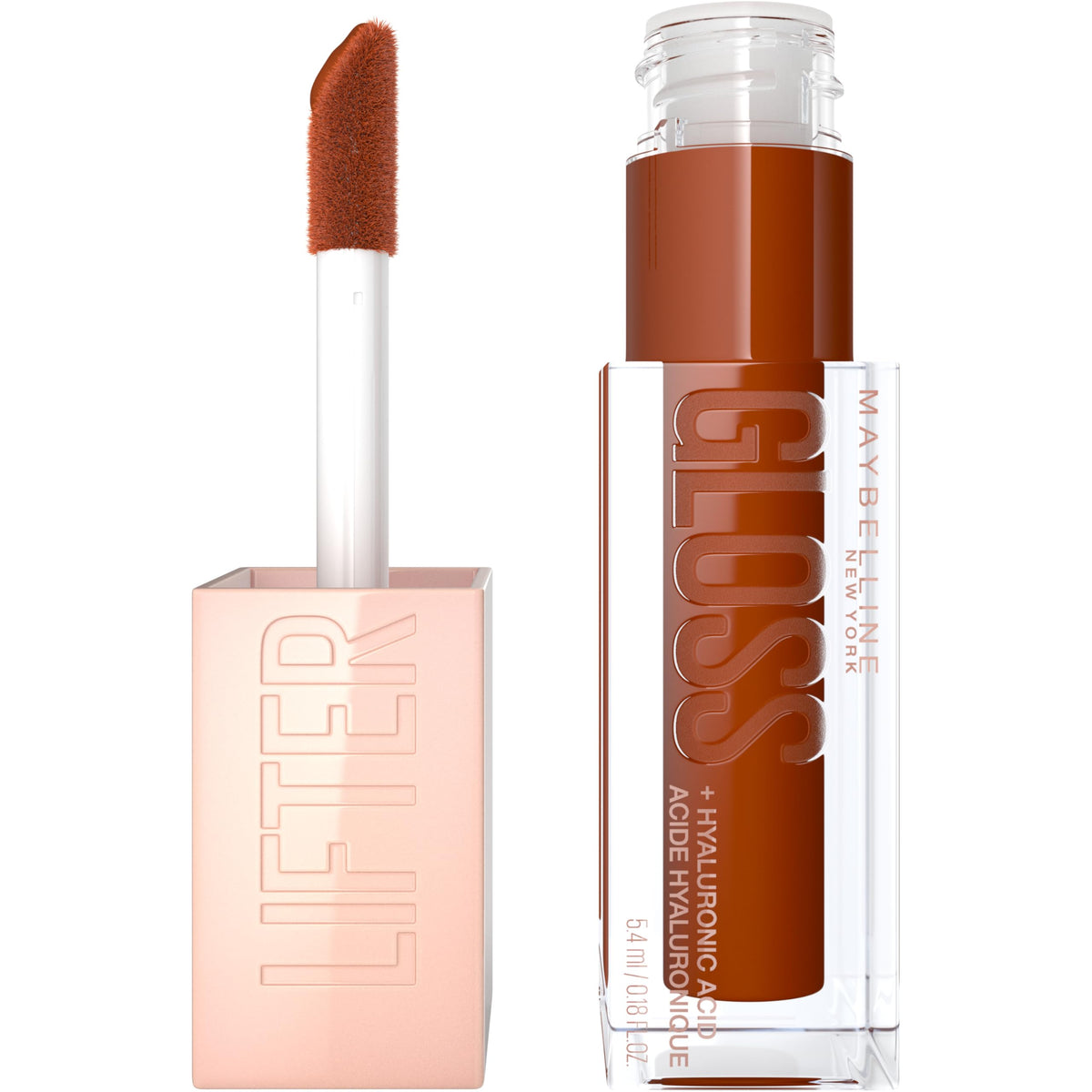 Maybelline Lifter Gloss front packaging showing shade and shine benefits