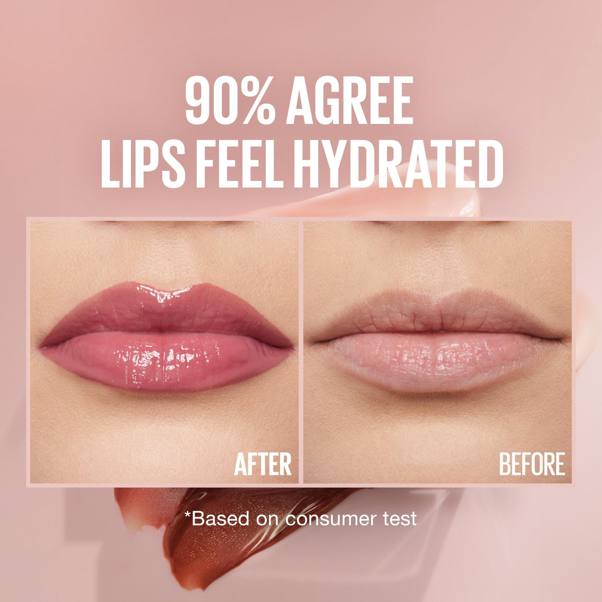 Maybelline gloss on lips in Petal showing plumper-looking shine benefit