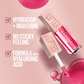 Maybelline Lifter Gloss XL wand applicator demonstrating smooth even coverage benefit