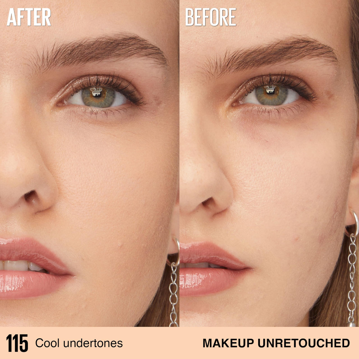 Maybelline foundation blended on skin demonstrating natural luminous matte benefit