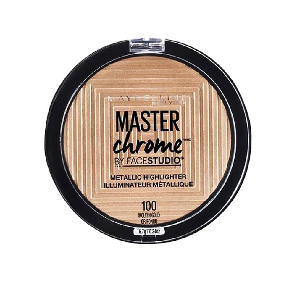 Maybelline Master Chrome front compact showing packaging and shade Molten Gold benefits visible finish
