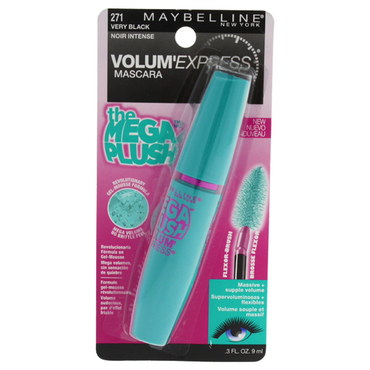 MAYBELLINE mascara front packaging in very black showing product and volume benefits