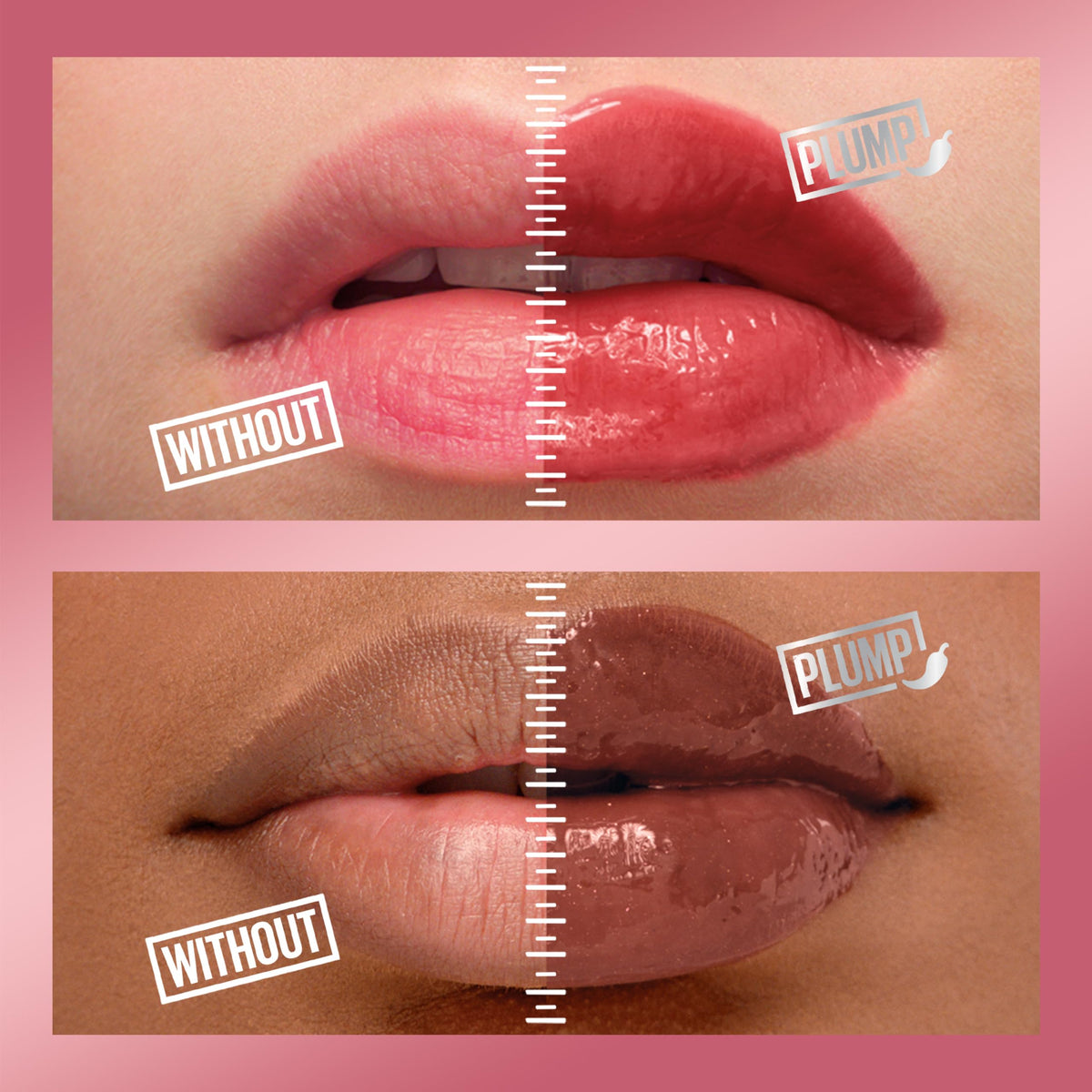 MAYBELLINE gloss on lips during application showing lifted, plumped look and warming effect
