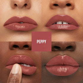 MAYBELLINE lip swatch of Peppy pink showing intense color payoff