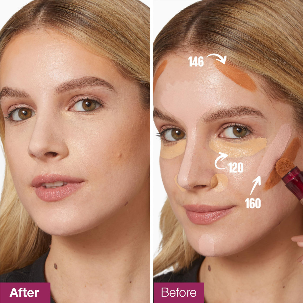 MAYBELLINE shade 160 swatches on arm demonstrating coverage and tone match