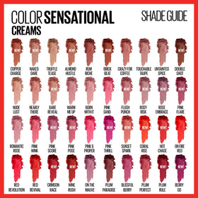 Maybelline shade lineup showing nude pink red plum options for variety