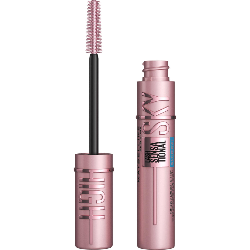 Maybelline front bottle view showcasing compact waterproof mascara benefits