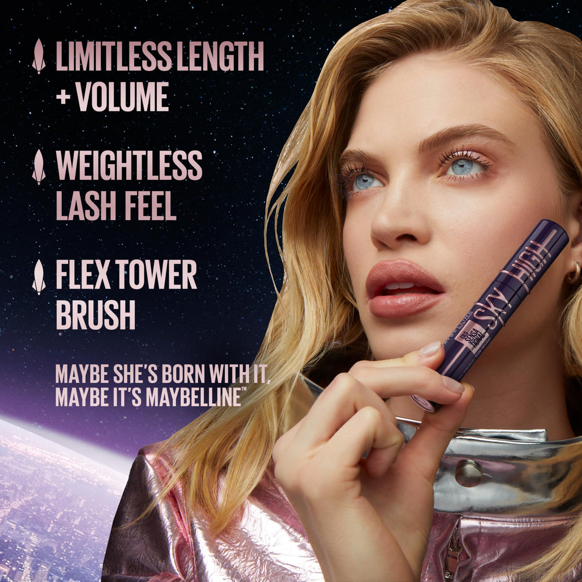 Maybelline Sky High wand with mascara texture illustrating fiber-rich formula for length