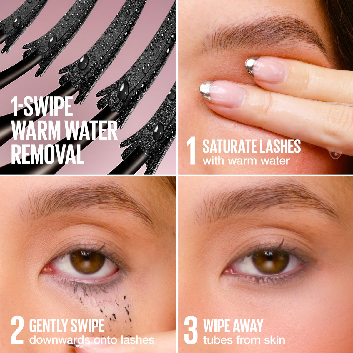 Maybelline Sky Tubes removal demo with warm water, gentle no-tug off benefits