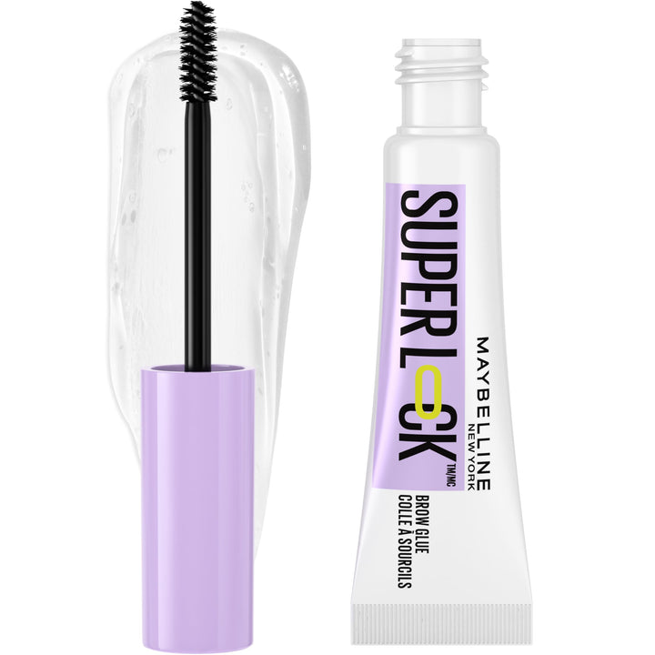 Maybelline Super Lock Brow Glue front packaging showing clear gel benefit