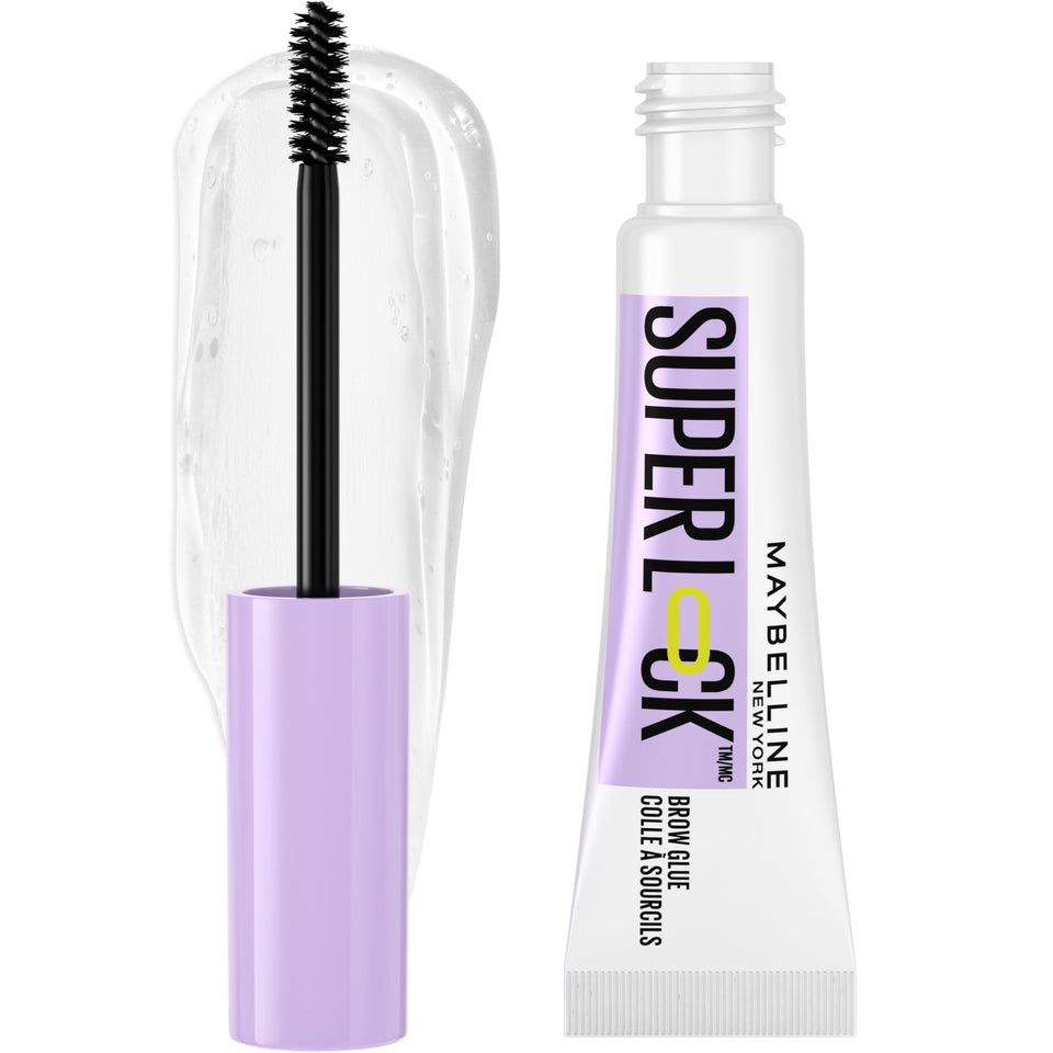 Maybelline Super Lock Brow Glue front packaging showing clear gel benefit