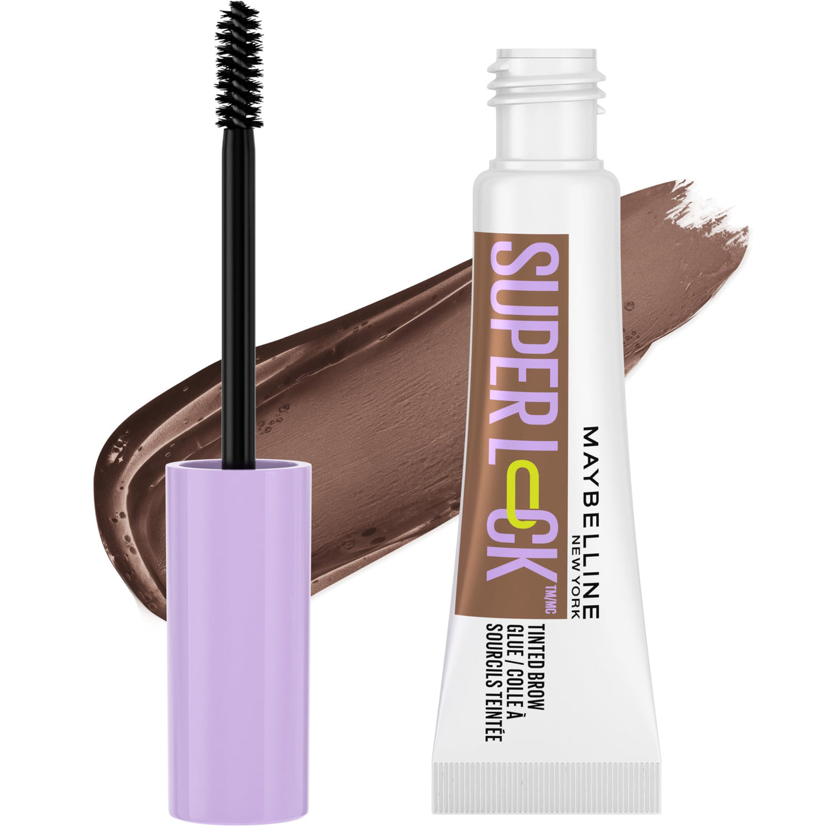 Maybelline Super Lock Brow Glue front view showing product and label for fast sculpting