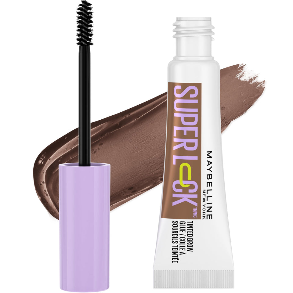 Maybelline Super Lock Brow Glue front view showing product and label for fast sculpting