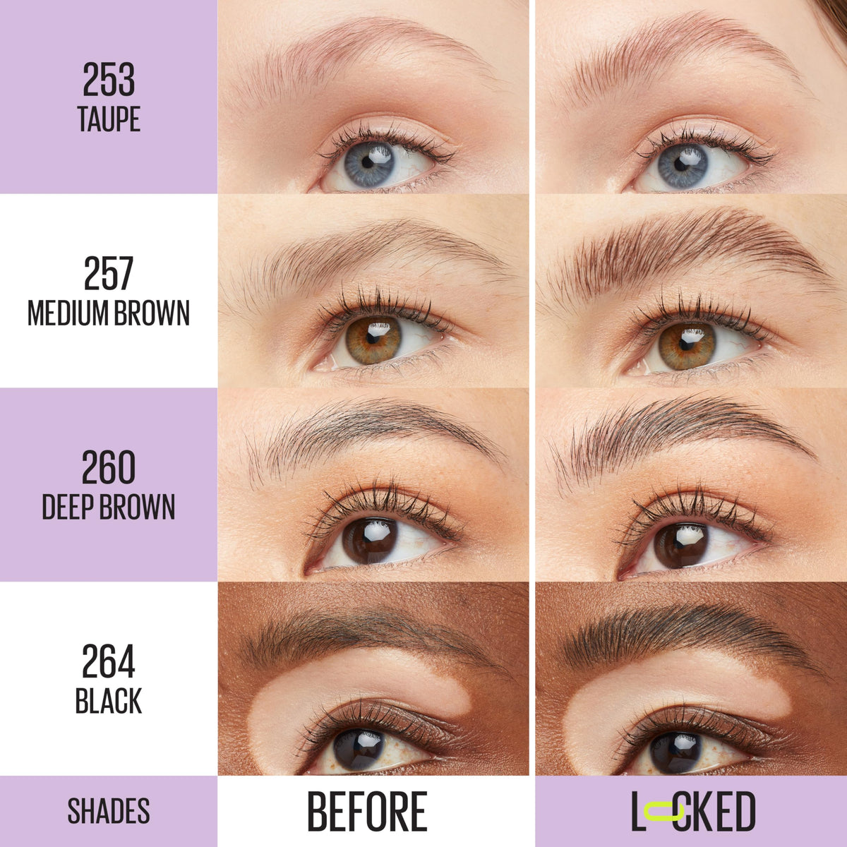 Maybelline Super Lock Brow Glue texture swatch in medium brown showing lightweight finish