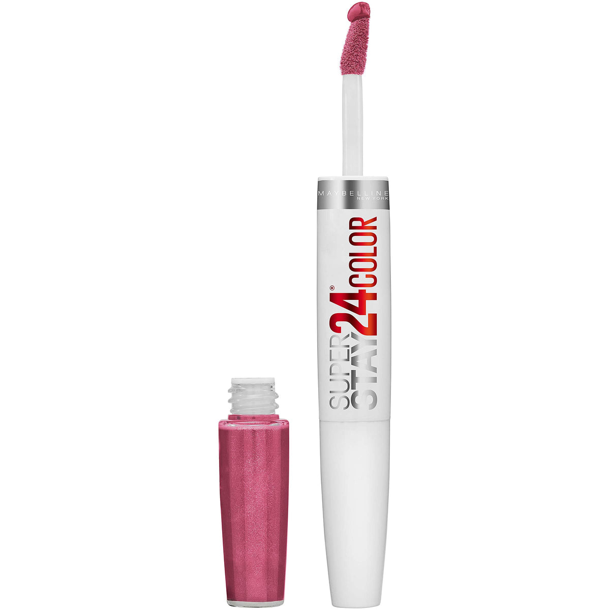 Maybelline Super Stay front view shows tube and pink shade benefit longwear