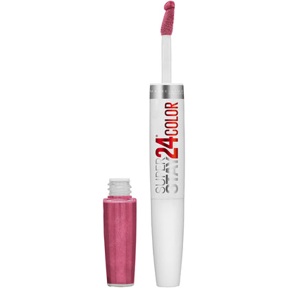 Maybelline Super Stay front view shows tube and pink shade benefit longwear
