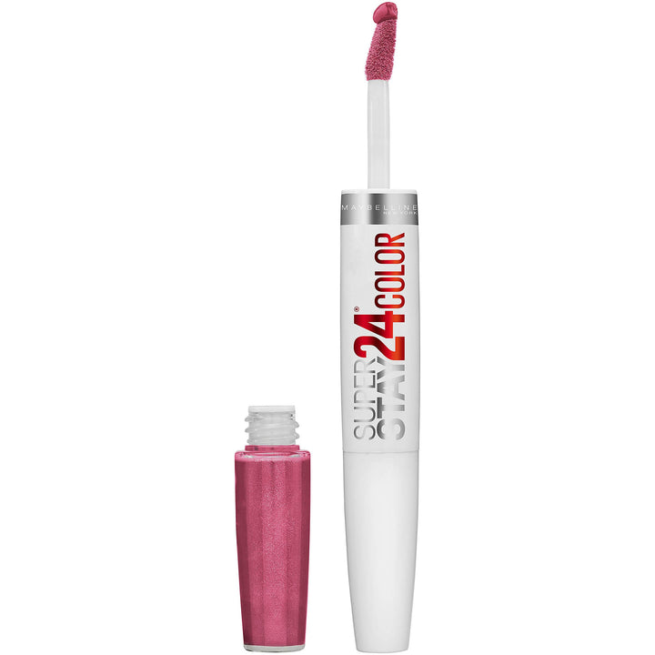 Maybelline Super Stay front view shows tube and pink shade benefit longwear