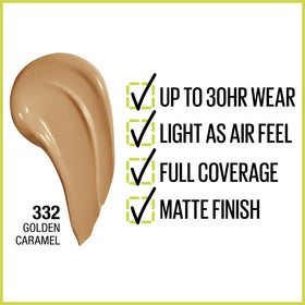 Maybelline pump and label close-up highlighting shade and transfer resistance