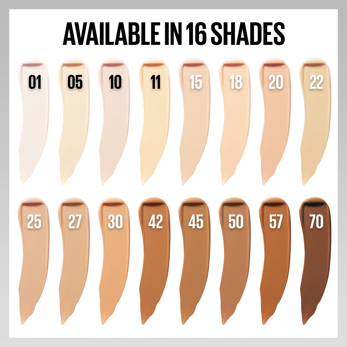 MAYBELLINE shade range comparison showing 16 shades for wider complexion matching