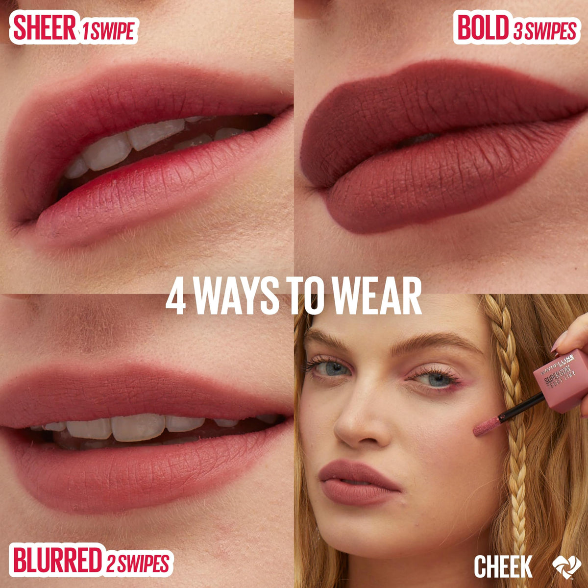 MAYBELLINE tint worn on lips of model illustrating long-lasting natural matte look
