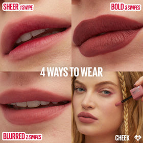 MAYBELLINE tint worn on lips of model illustrating long-lasting natural matte look