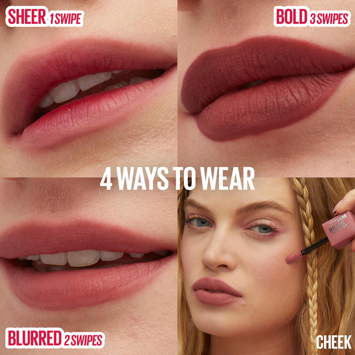 MAYBELLINE Super Stay Teddy on lips before and after showing blurred matte finish