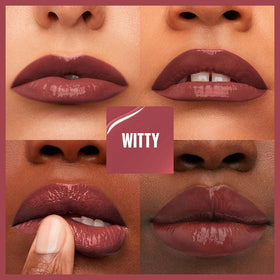 Maybelline texture shot showing vinyl finish and lightweight glossy formula