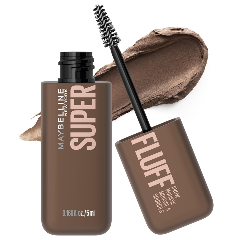 Maybelline Superfluff front packaging showing medium brown shade and benefit of soft full brows