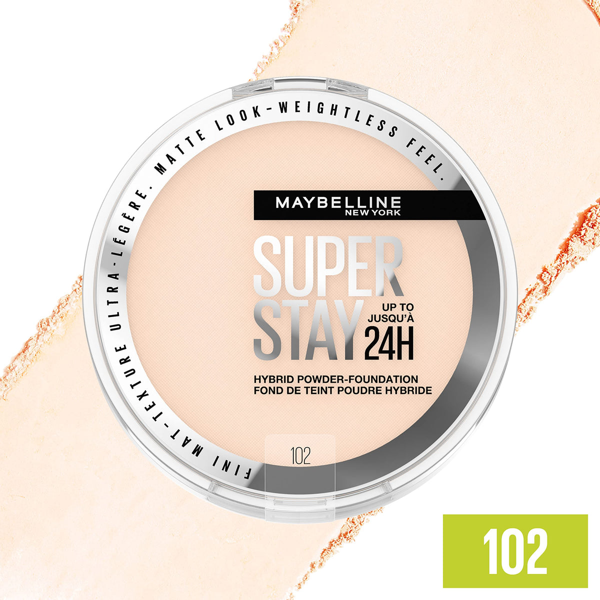 Maybelline applicator sponge placed next to compact for easy, precise application