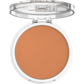 Maybelline compact open with mirror and powder showing travel-ready benefit
