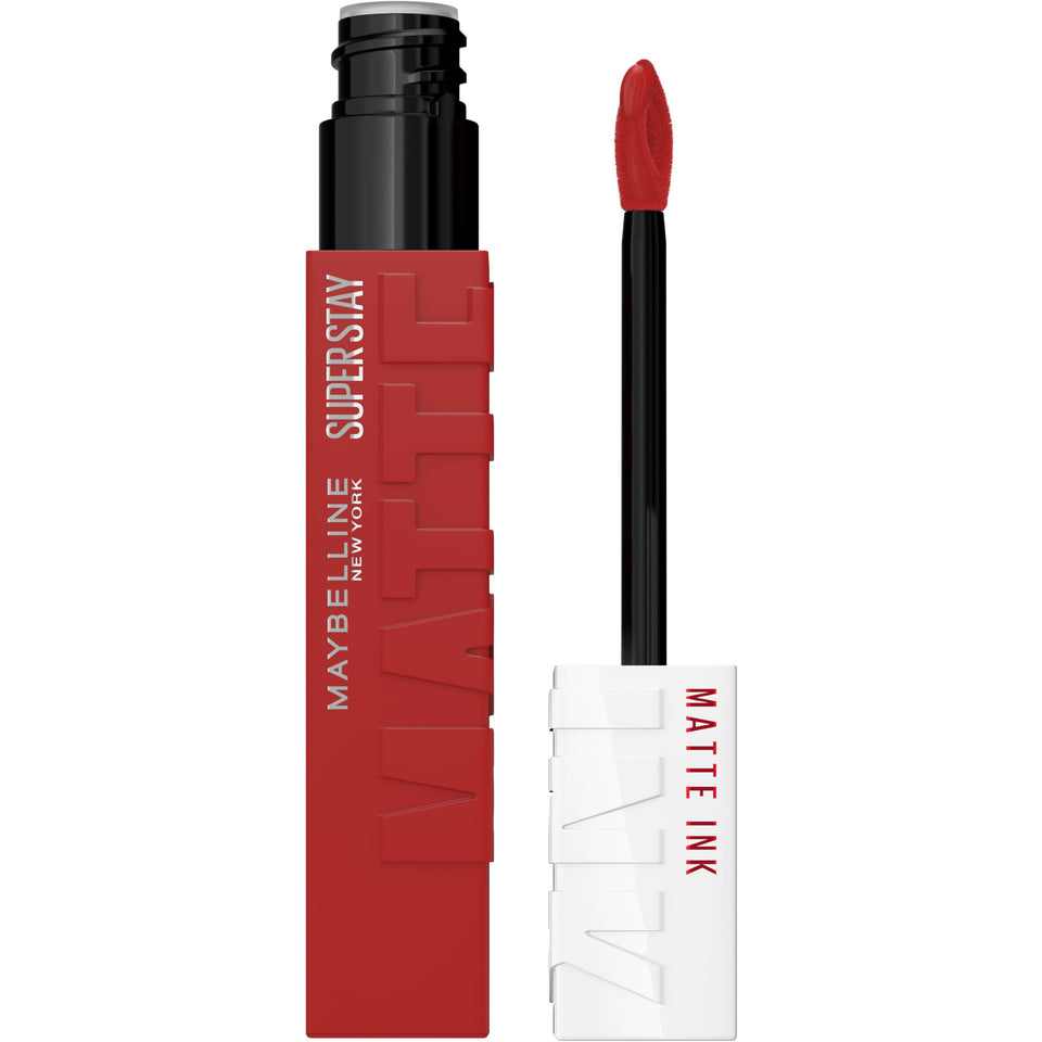 Maybelline SuperStay matte ink front packaging showing shade Hustler and benefit long wear