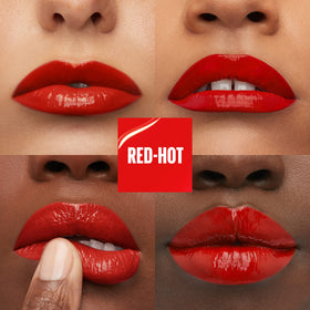 Maybelline Super Stay swatches on arm showing true fire engine red pigmentation benefit