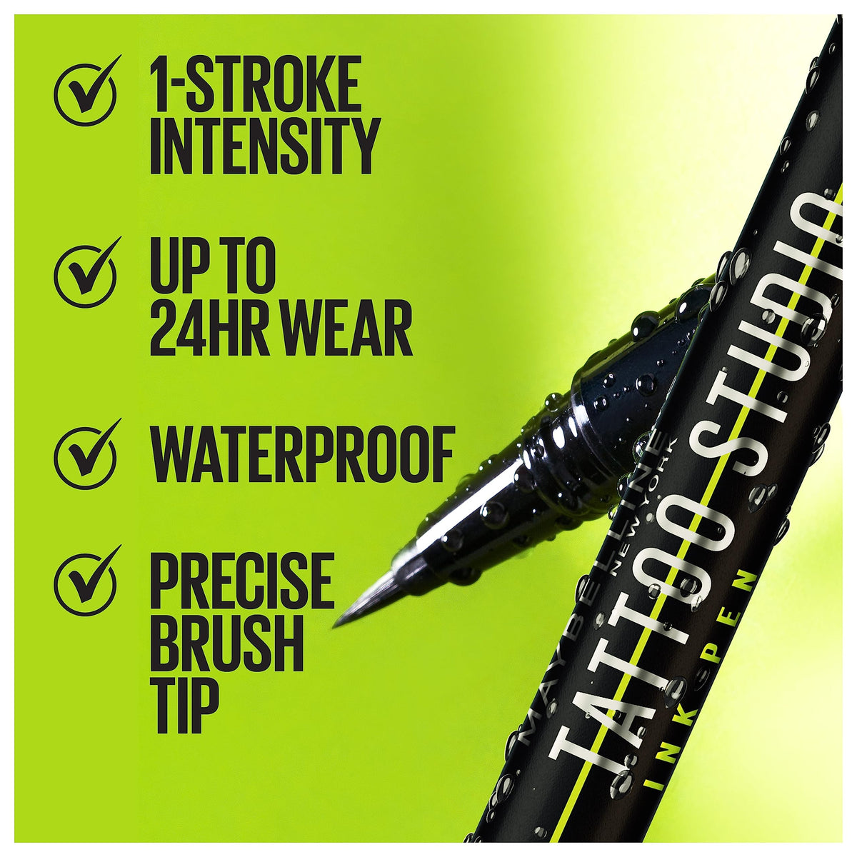 Maybelline Tattoo Studio single ink stroke swatch on skin demonstrating intense matte black payoff