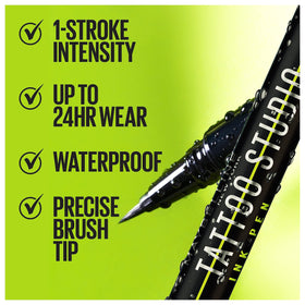 Maybelline tattoo studio pen tip close-up showing precision brush and control