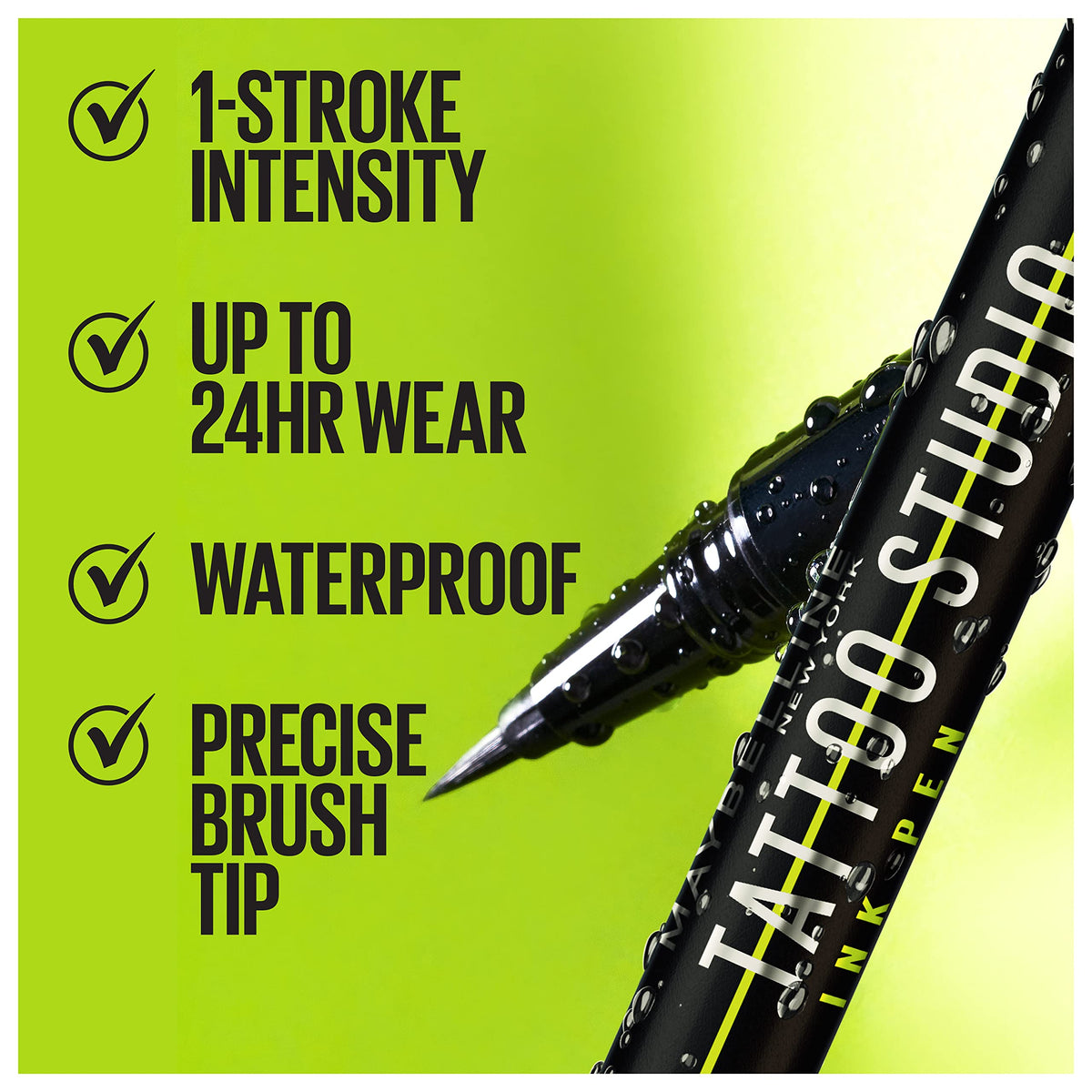 Maybelline Tattoo Studio close-up of precision brush tip with 350 micro-bristles for clean lines