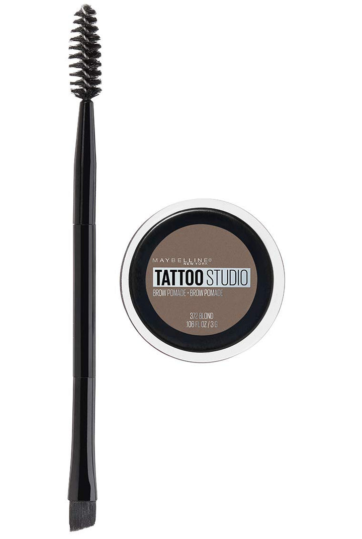 Maybelline product front packaging showing pomade and dual-ended applicator for easy use