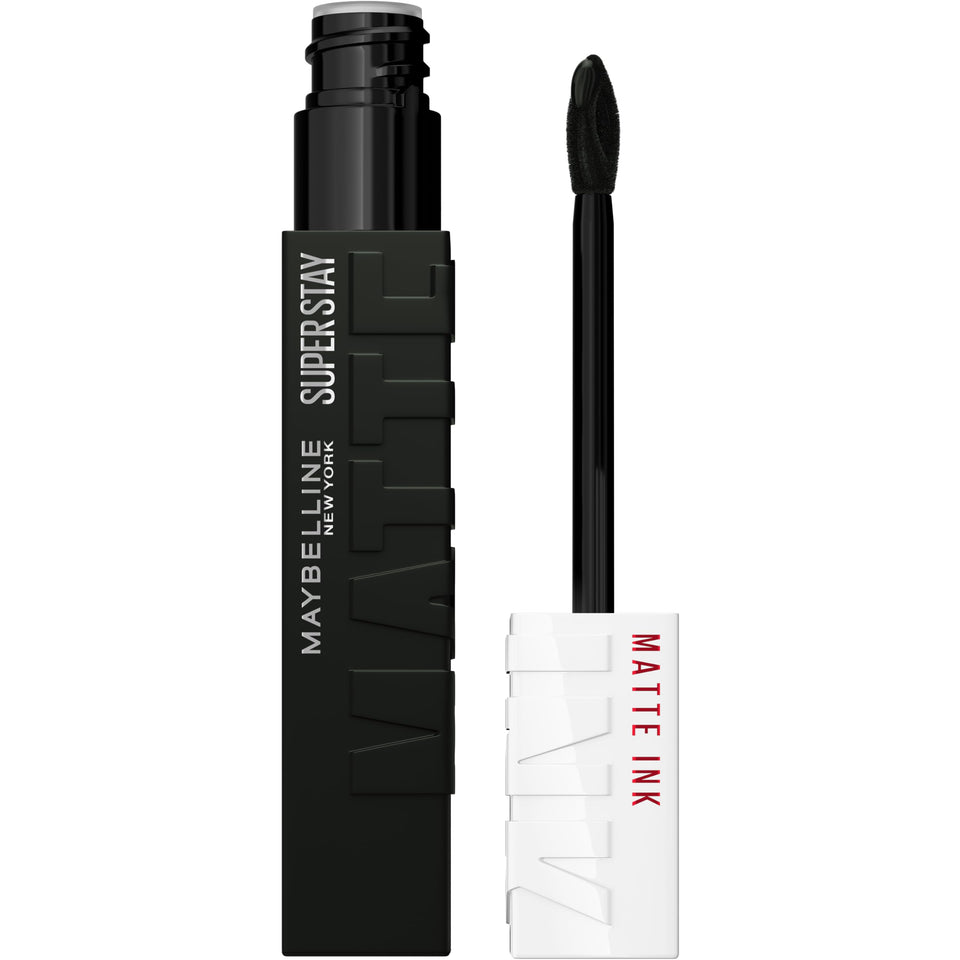 Maybelline Thrill Seeker front packaging showing matte black tube and label benefit