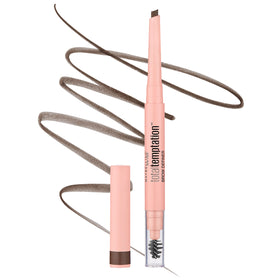 MAYBELLINE pencil front packaging showing product and shade Medium Brown benefit portable