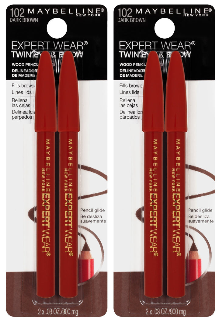 Maybelline twin pencil front packaging shows dark brown shade and two-count convenience