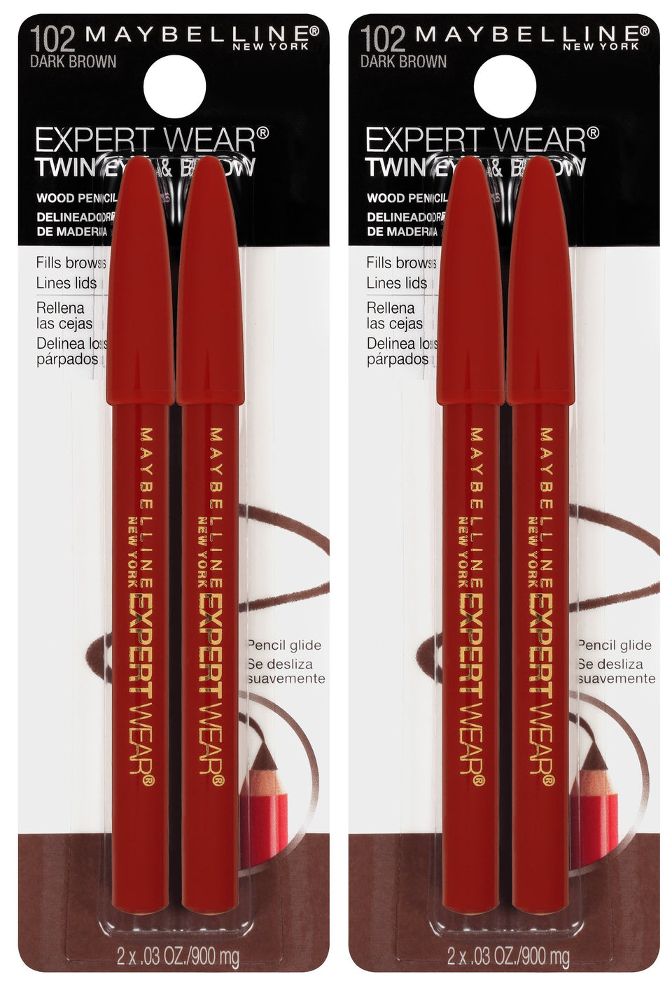 Maybelline twin pencil front packaging shows dark brown shade and two-count convenience
