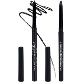 Maybelline Unstoppable front packaging showing twin pencils and branding benefit: reliable backup