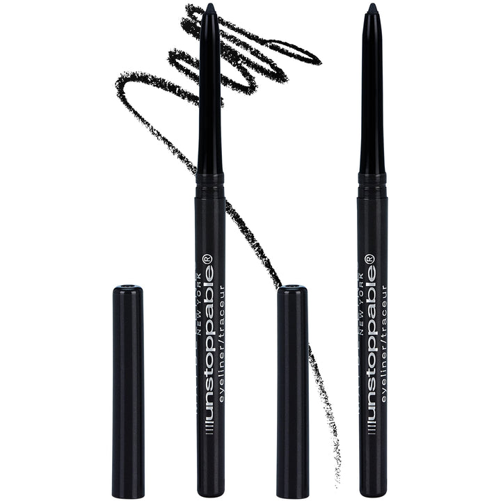 Maybelline Unstoppable front packaging showing twin pencils and branding benefit: reliable backup