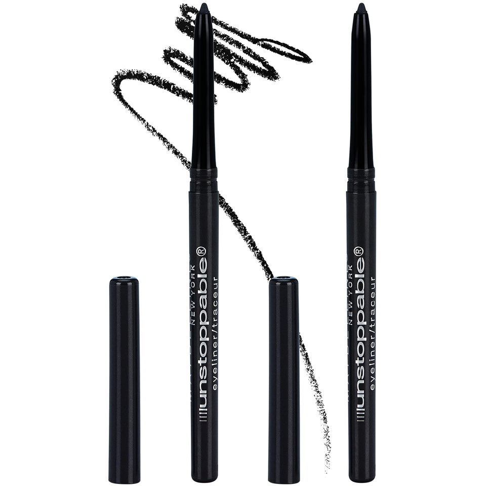 Maybelline Unstoppable front packaging showing twin pencils and branding benefit: reliable backup