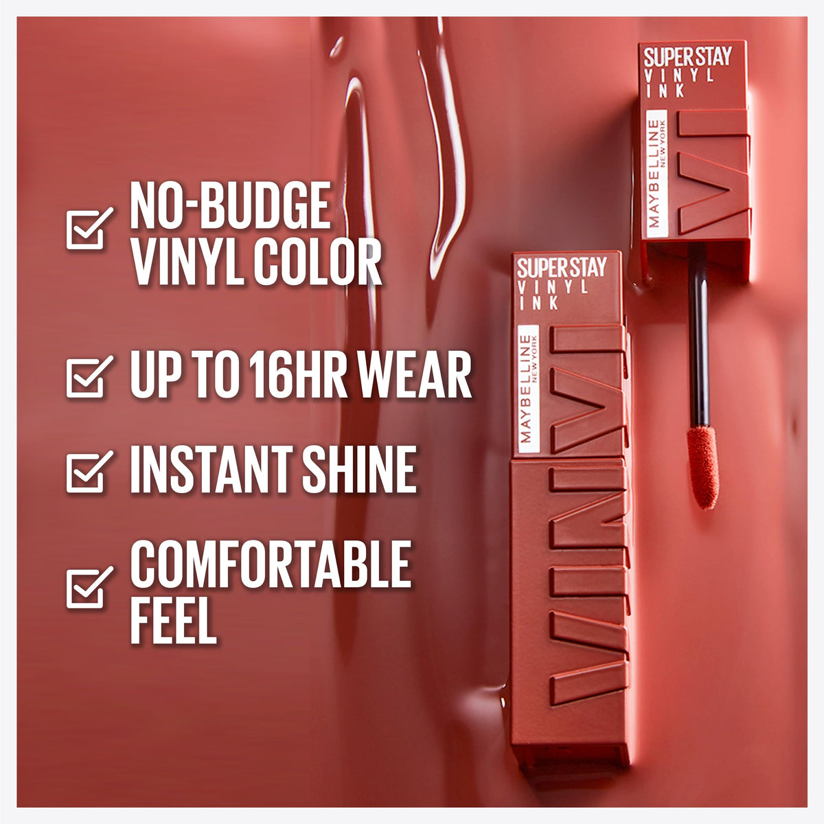 Maybelline vinyl ink flocked tip applicator close-up for precise, mess-free application